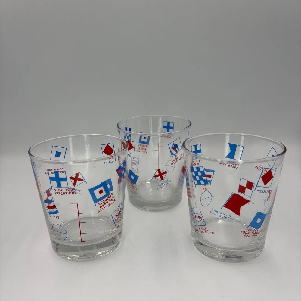 Esso Nautical Signal Flag Rocks Glasses Set of 3 Clear Red Blue Good Vintage